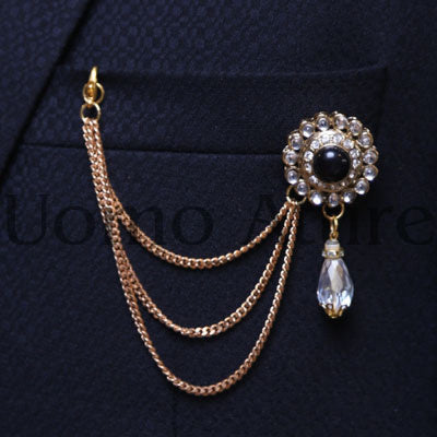 Black pearl with hanging stone chain brooch and lapel pin