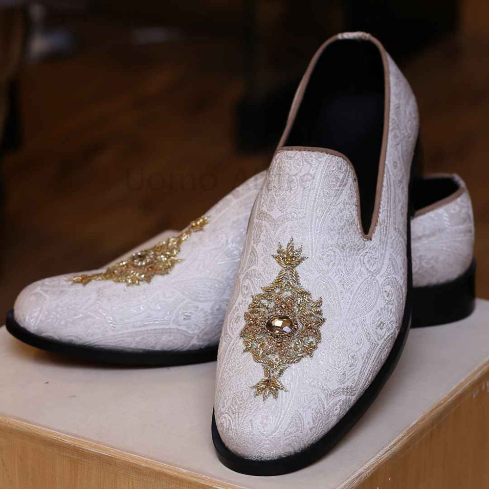 Embroidered White Shoes For Groom