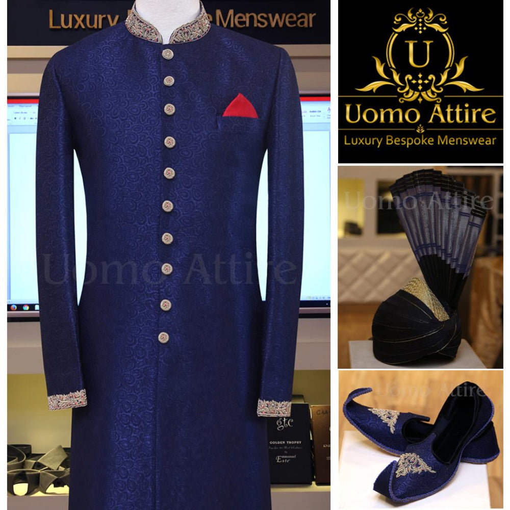 Confezione completa di sherwani blu con lavorazione azzurro scuro 