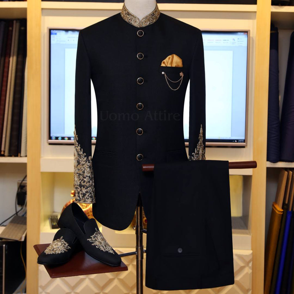 Black self textured embellished prince suit