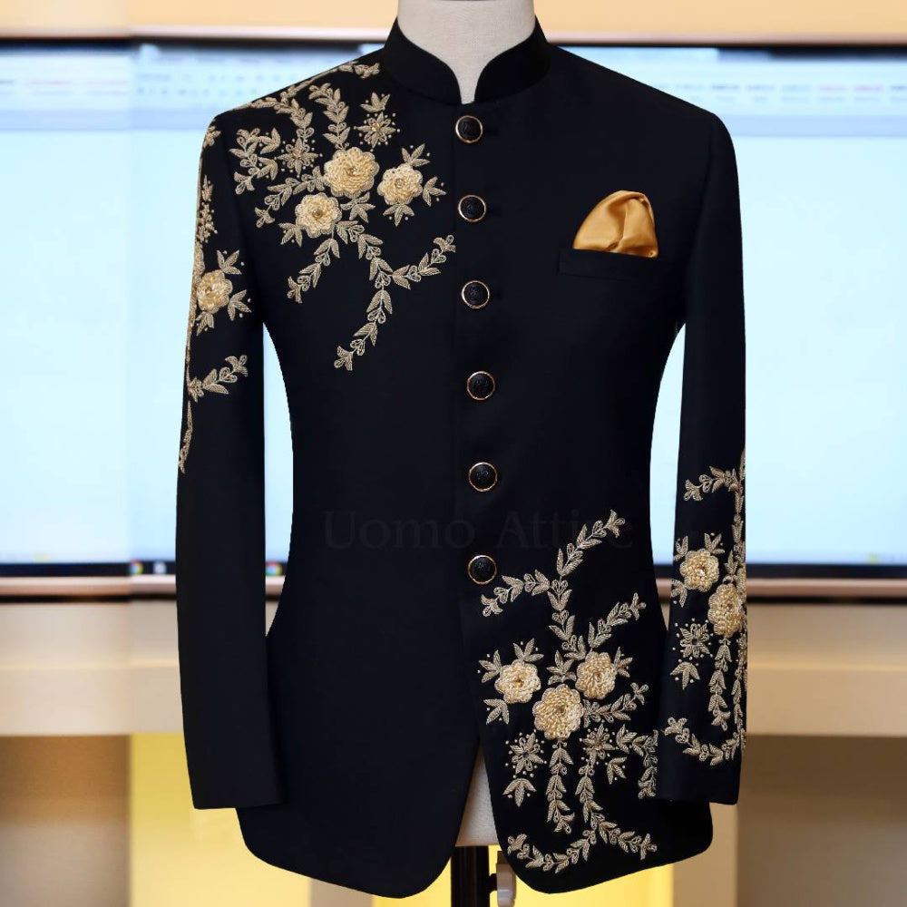 Black embellished prince coat in luxury fabric