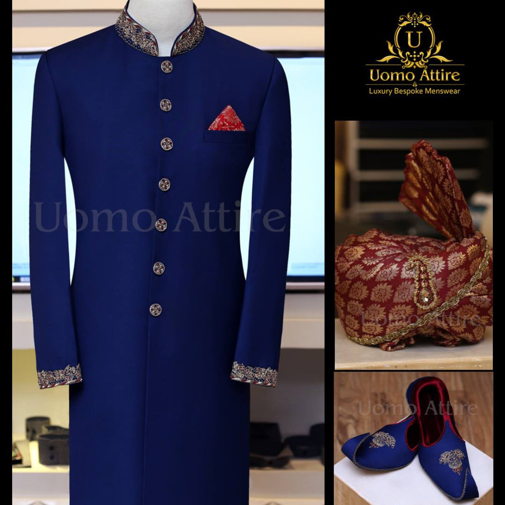 Pacchetto completo sherwani blu puro tessuto tropicale profondo