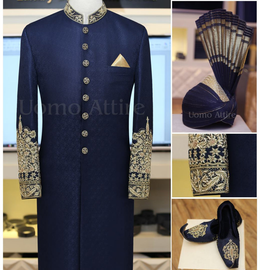 Pacchetto completo sherwani blu intenso con design strutturato 