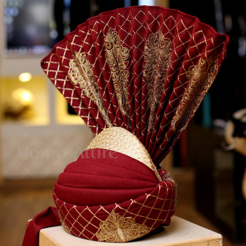 Aitchisonian Turban customized in Embroidery, maroon wedding turban for groom