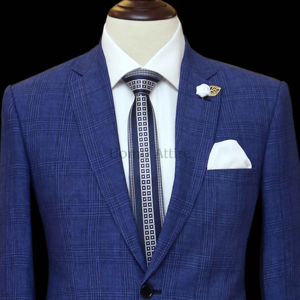 Glen check 2 piece suit, glen check blue 3 piece suit, blue 3 piece suit with single button and notch lapel