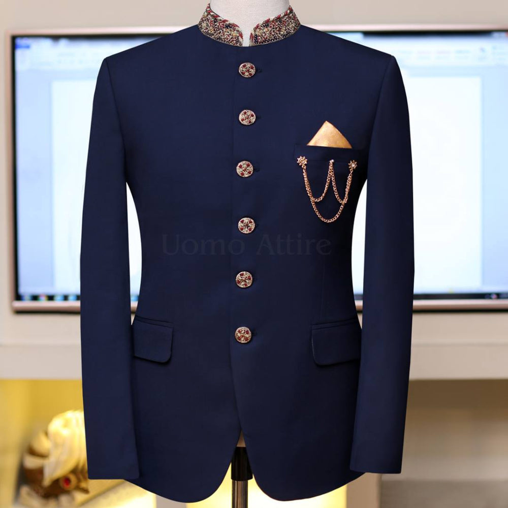 Navy blue embellished prince coat customized