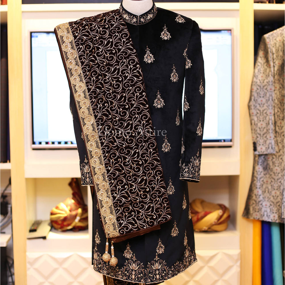 Black sherwani with fully embroidered