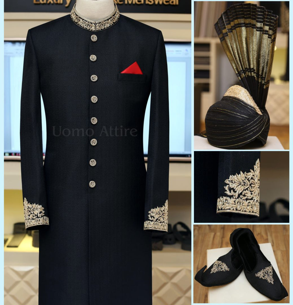 Ensemble sherwani noir de jais personnalisé Elegance 
