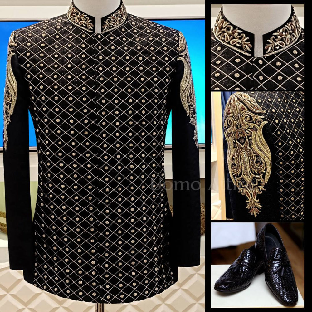 Black prince coat with golden embellishments | Black Prince coat | Prince Coat for groom
