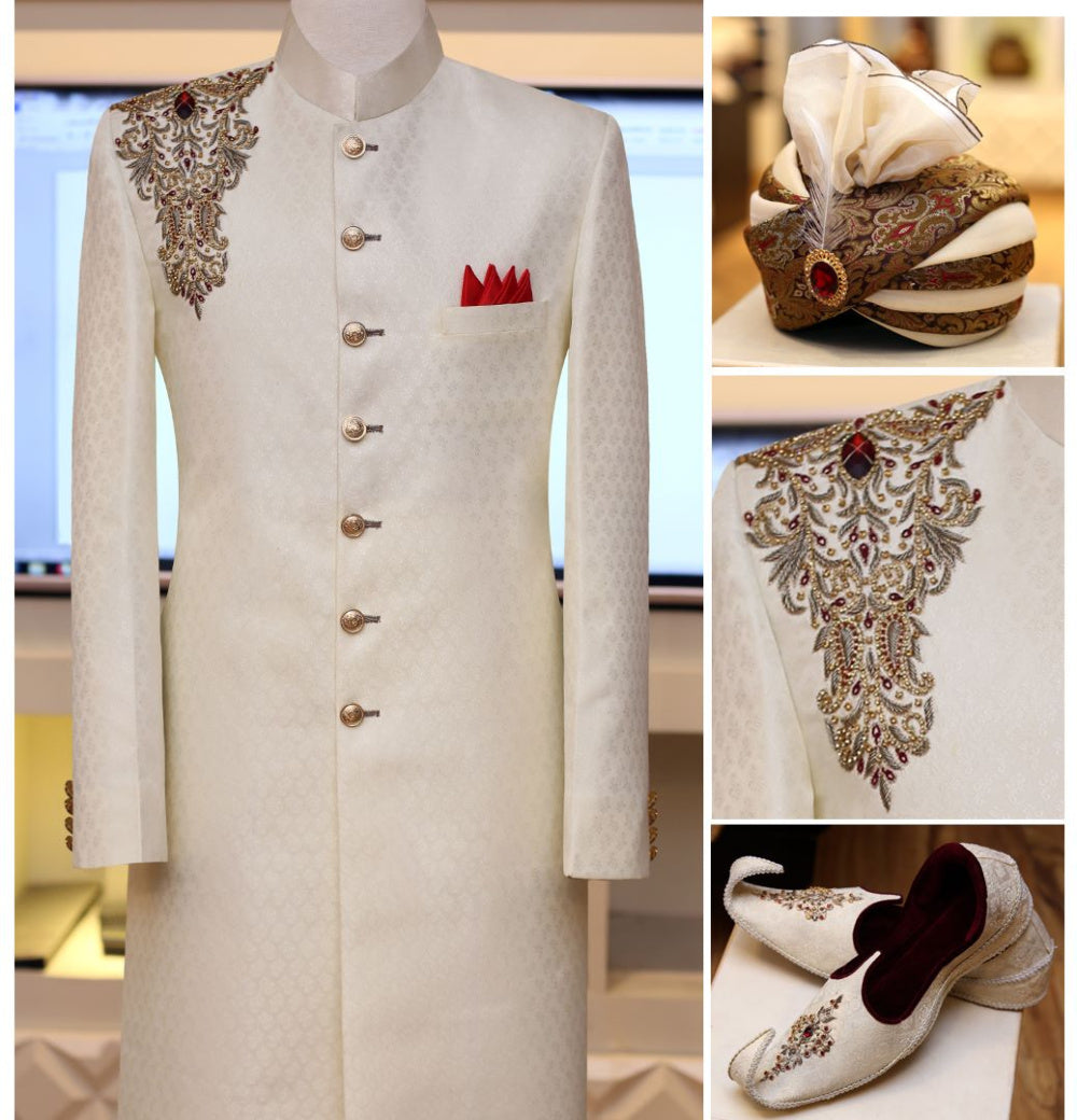Paquet complet de jamawar sherwani auto-texturé blanc cassé 