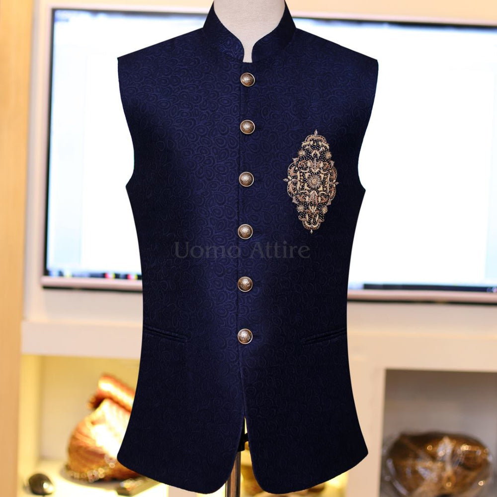 Navy blue jamawar embellished mehndi waistcoat