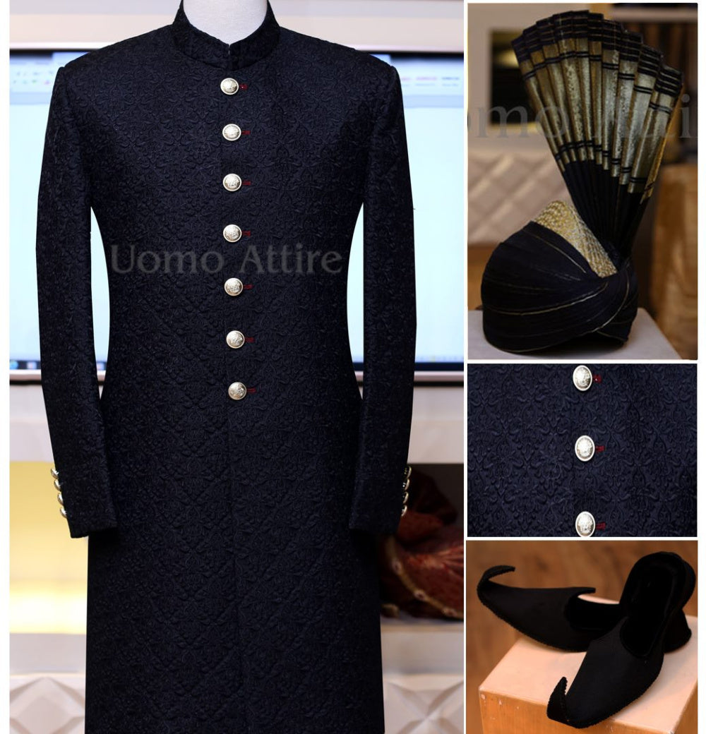 Ensemble complet sherwani noir avec broderie luxueuse 