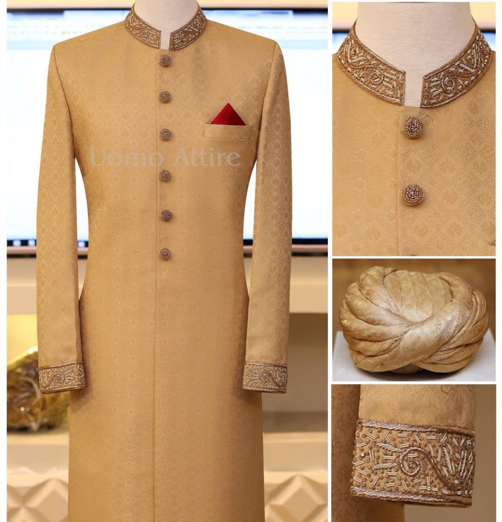 Jamawar pacchetto completo sherwani dorato con abbellimento classico 