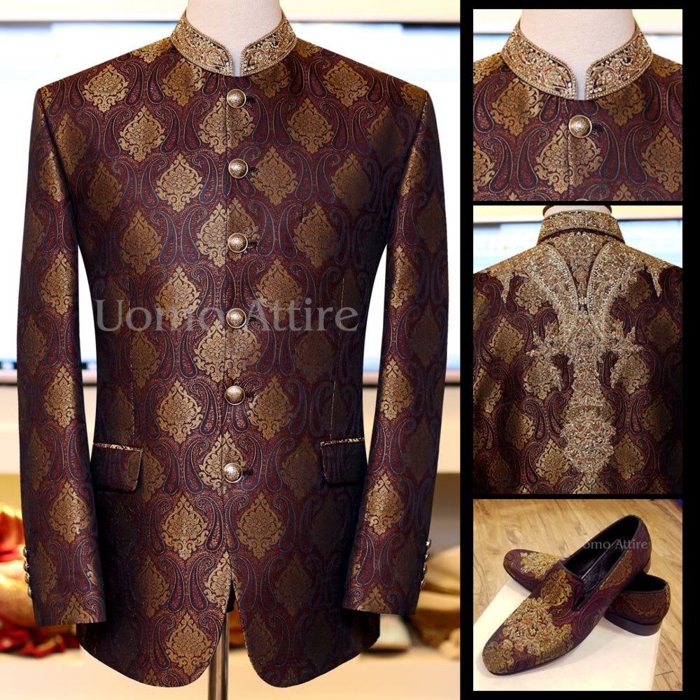 Self motif jamawar embellished prince coat | Prince Coat
