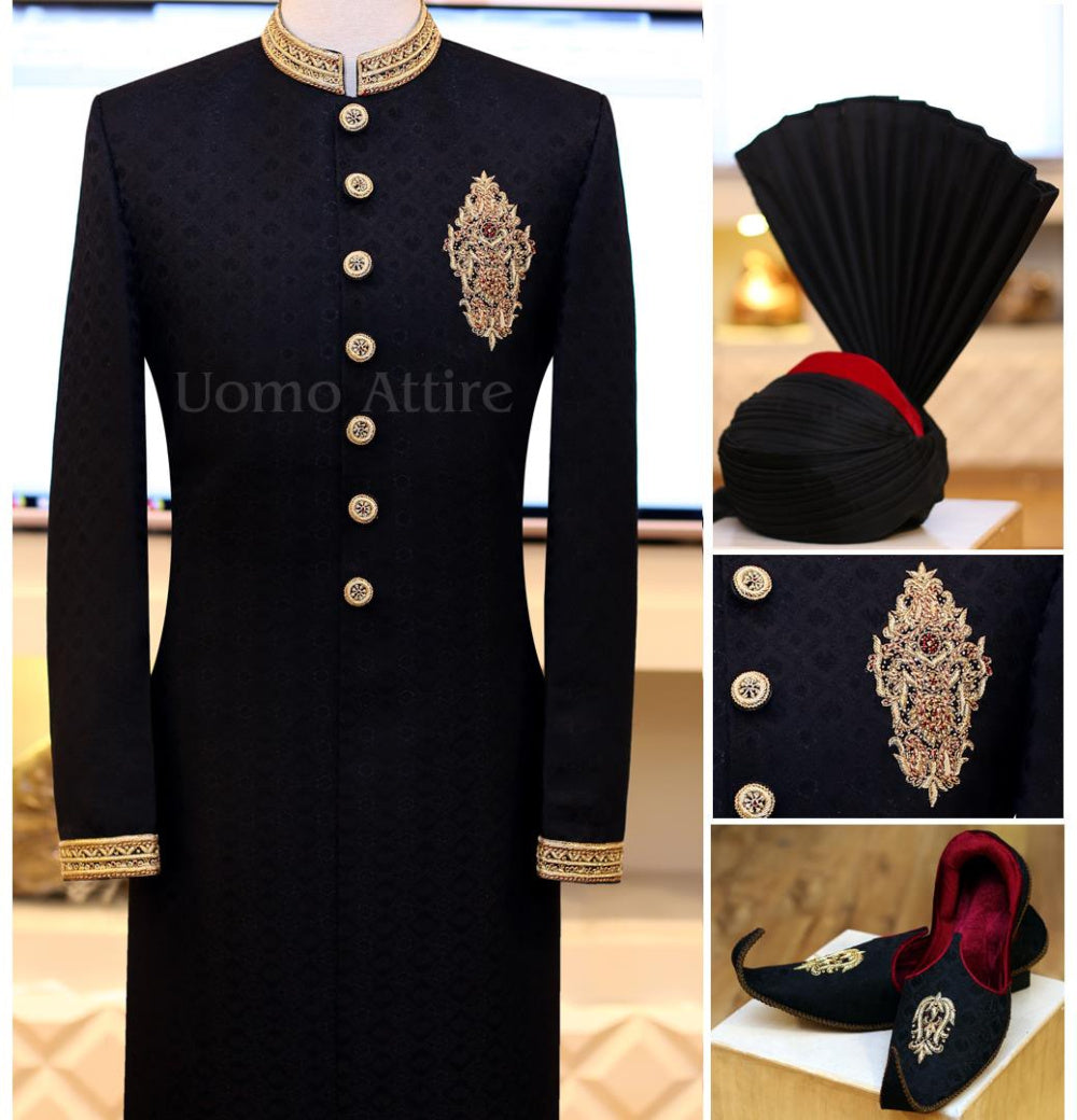 Self Design Black Long Sherwani for Groom