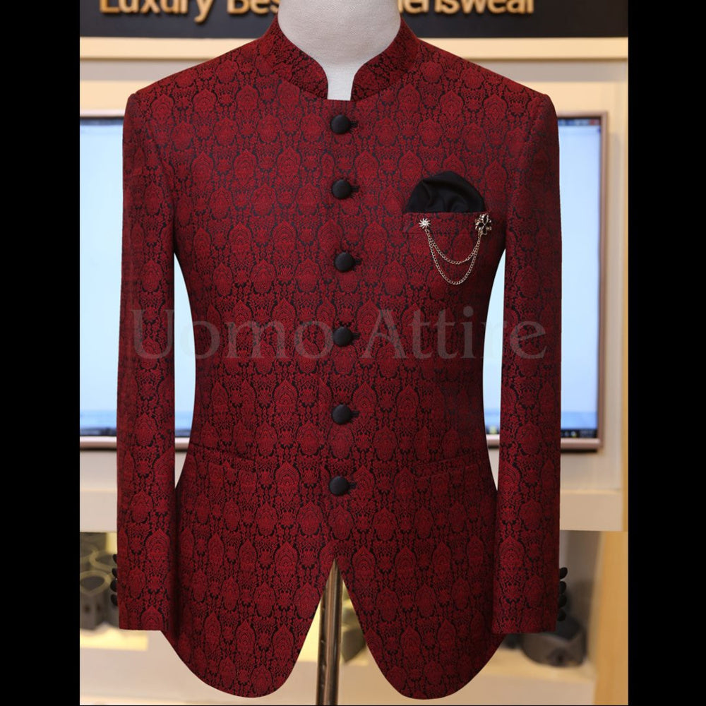 Slim fit karandi self motif prince coat | Maroon prince coat
