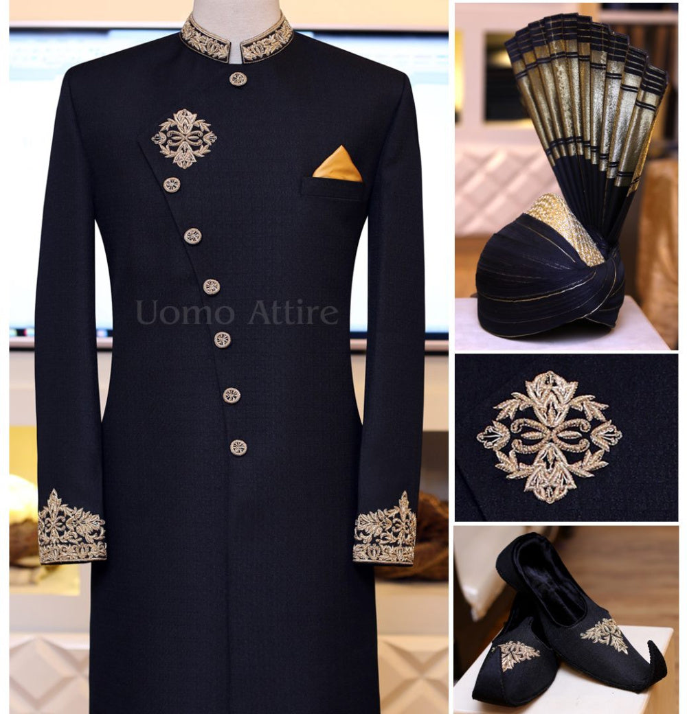 Black sherwani package in self texured angrakha style