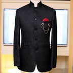 Black self textured slim fit prince coat | Prince Coat Designs