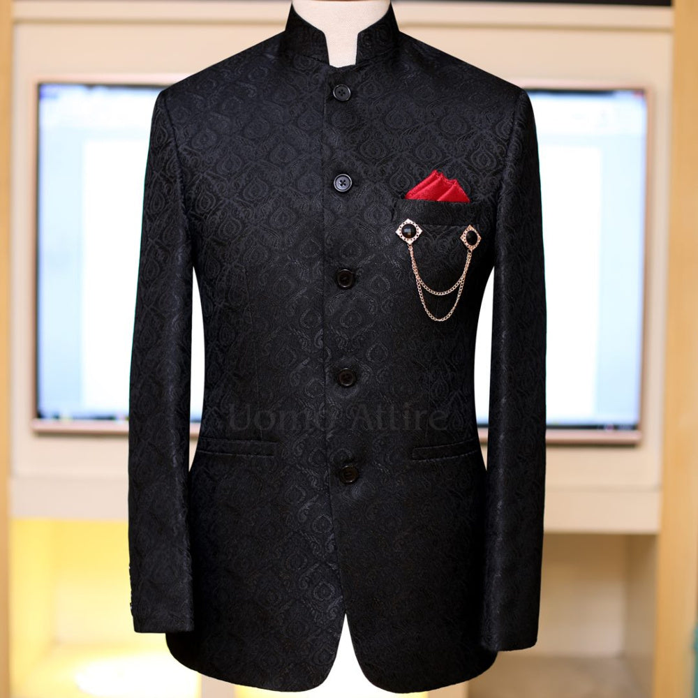 Black self textured slim fit prince coat | Prince Coat Designs