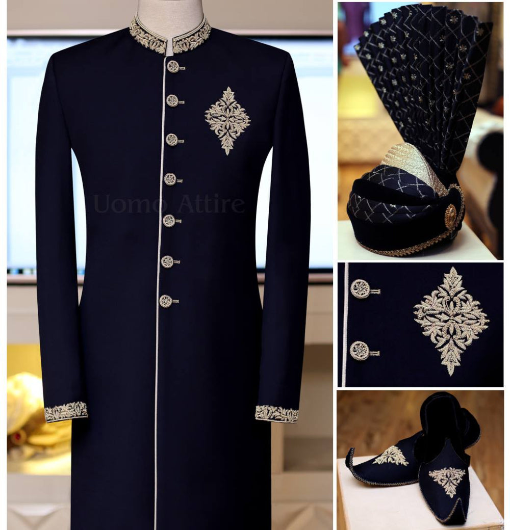 Bleu nuit avec ensemble sherwani embellissement classique 