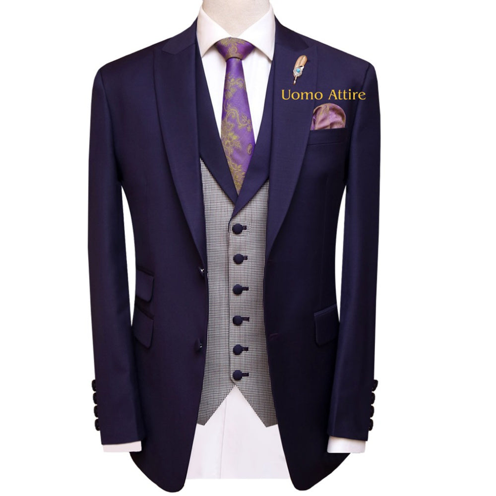 Plum three piece suit with contrast shawl lapel waistcoat