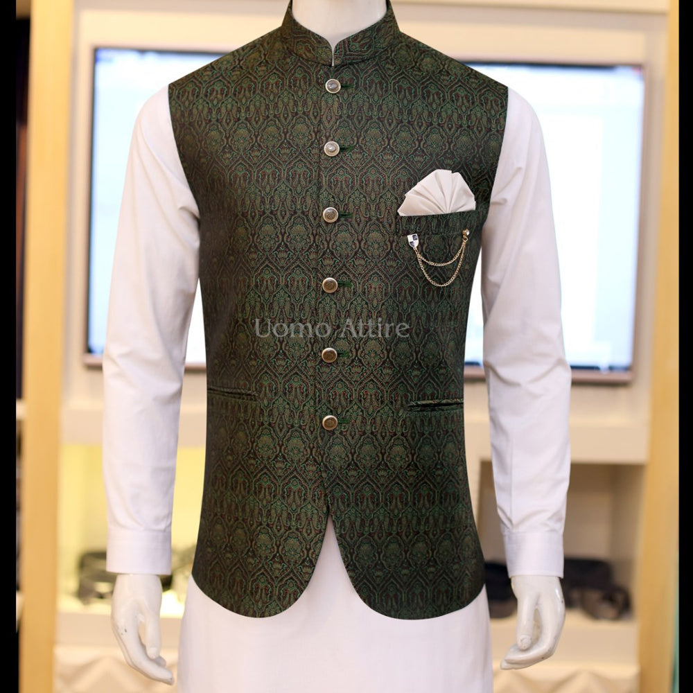 Jamawar bespoke mehndi waistcoat – Uomo Attire