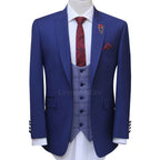Blue three peice suit with deep U-shape waistcoat, custom tailored blue suits for men
