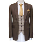 Elegent three peice suit for men, brown 3 piece suit for men with single breasted check vest