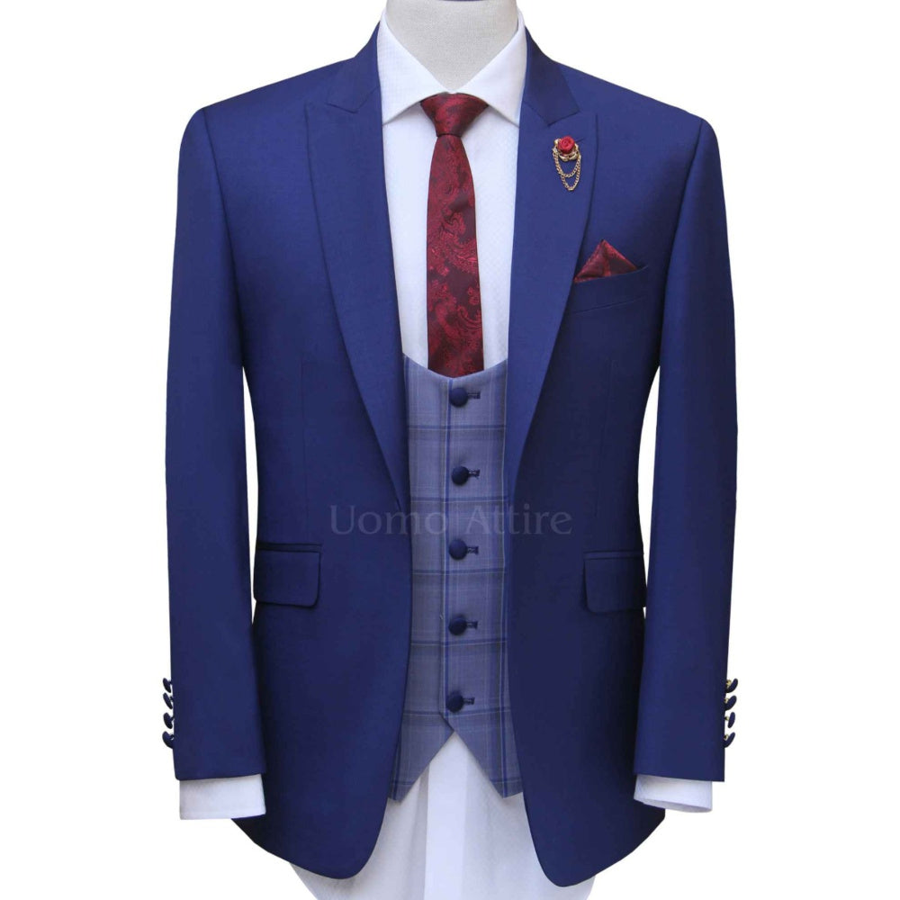 
                  
                    Blue three peice suit with deep U-shape waistcoat, custom tailored blue suits for men
                  
                