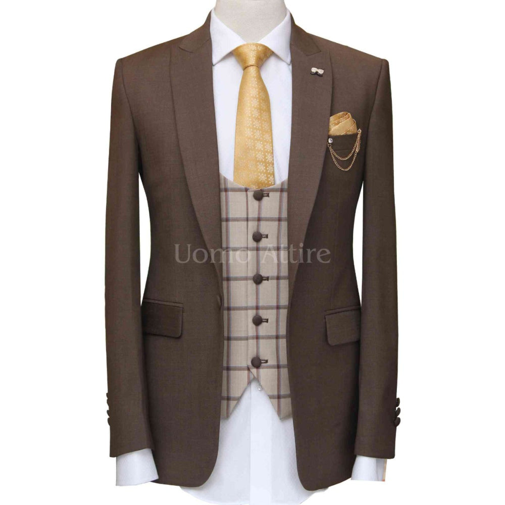 
                  
                    Elegent three peice suit for men, brown 3 piece suit for men with single breasted check vest
                  
                