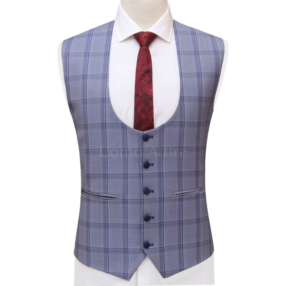 
                  
                    Blue three peice suit with deep U-shape waistcoat, custom tailored blue suit with check single breasted vest
                  
                