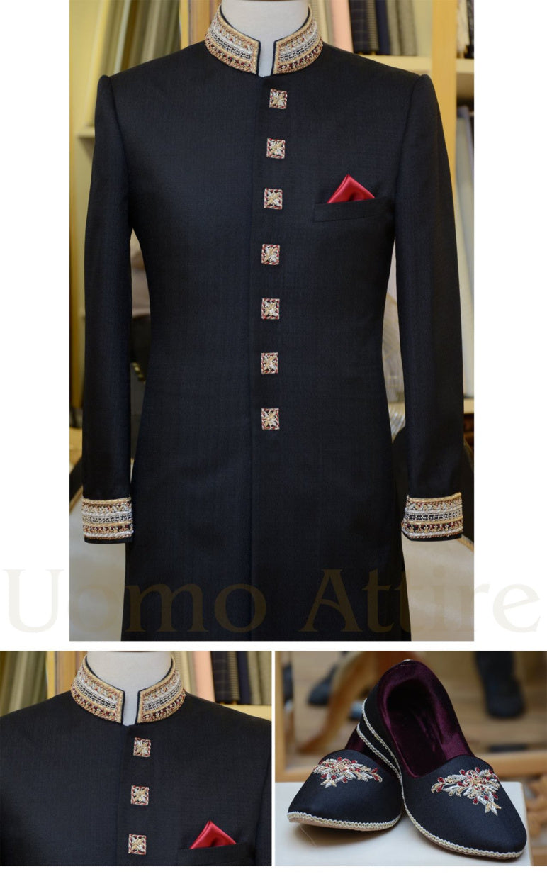 Forfait sherwani de mariage noir pour hommes 