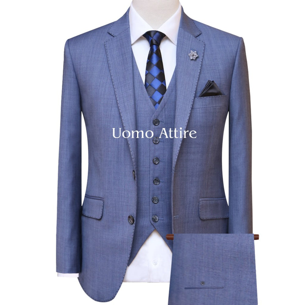 Bespoke 3 piece suit with pick stitch, light blue 3 piece suit, blue 3 piece suit, 3 piece suit for men