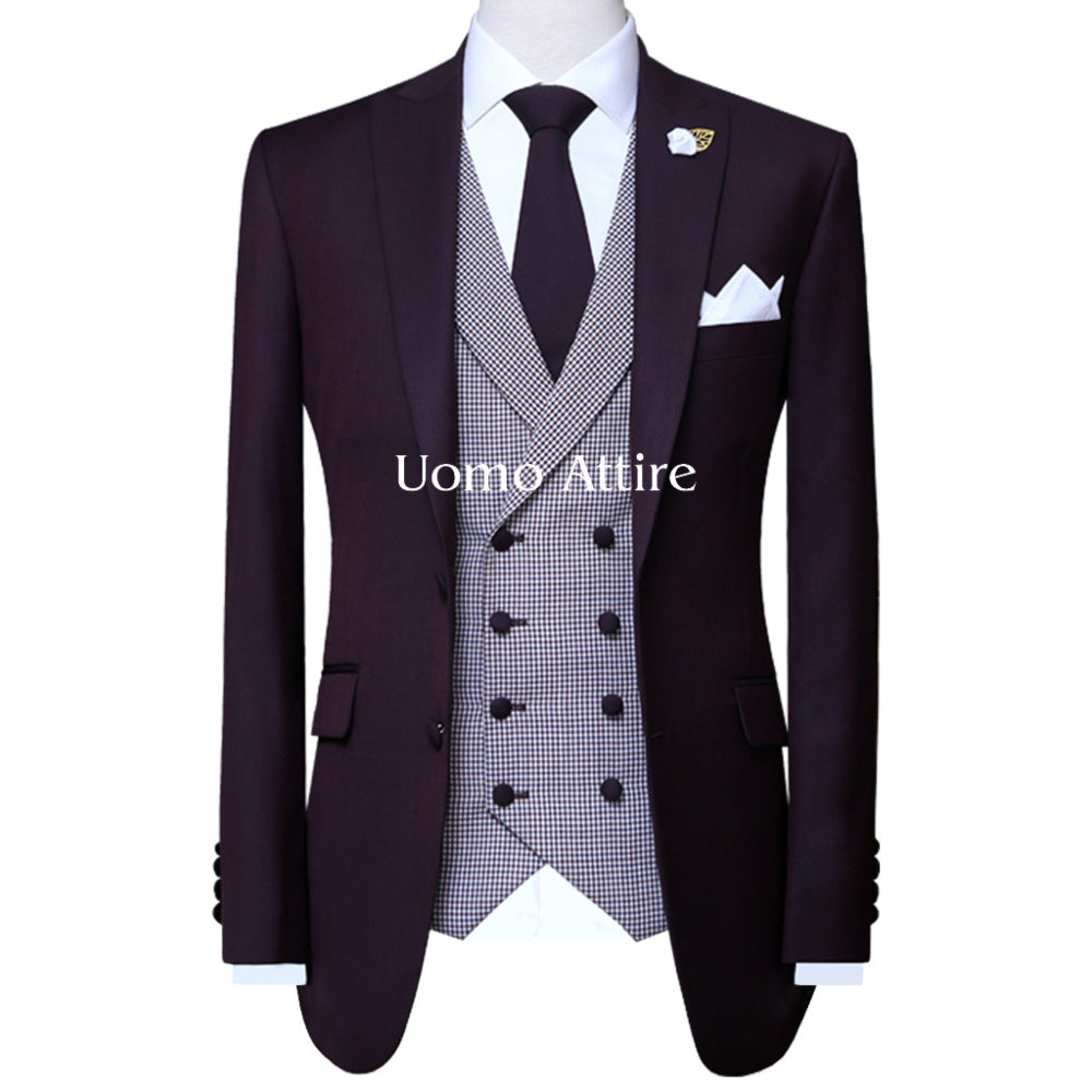 
                  
                    Italian cut bespoke 3 piece suit, Italian 3 piece suit with mini checkered double breasted shawl lapel vest
                  
                