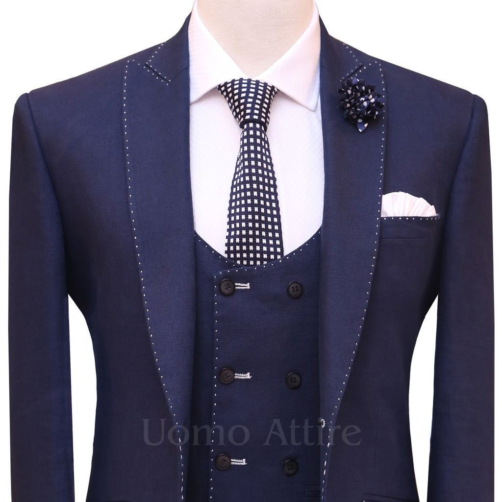 navy blue 3 piece suit with pick stitch, blue suits for men