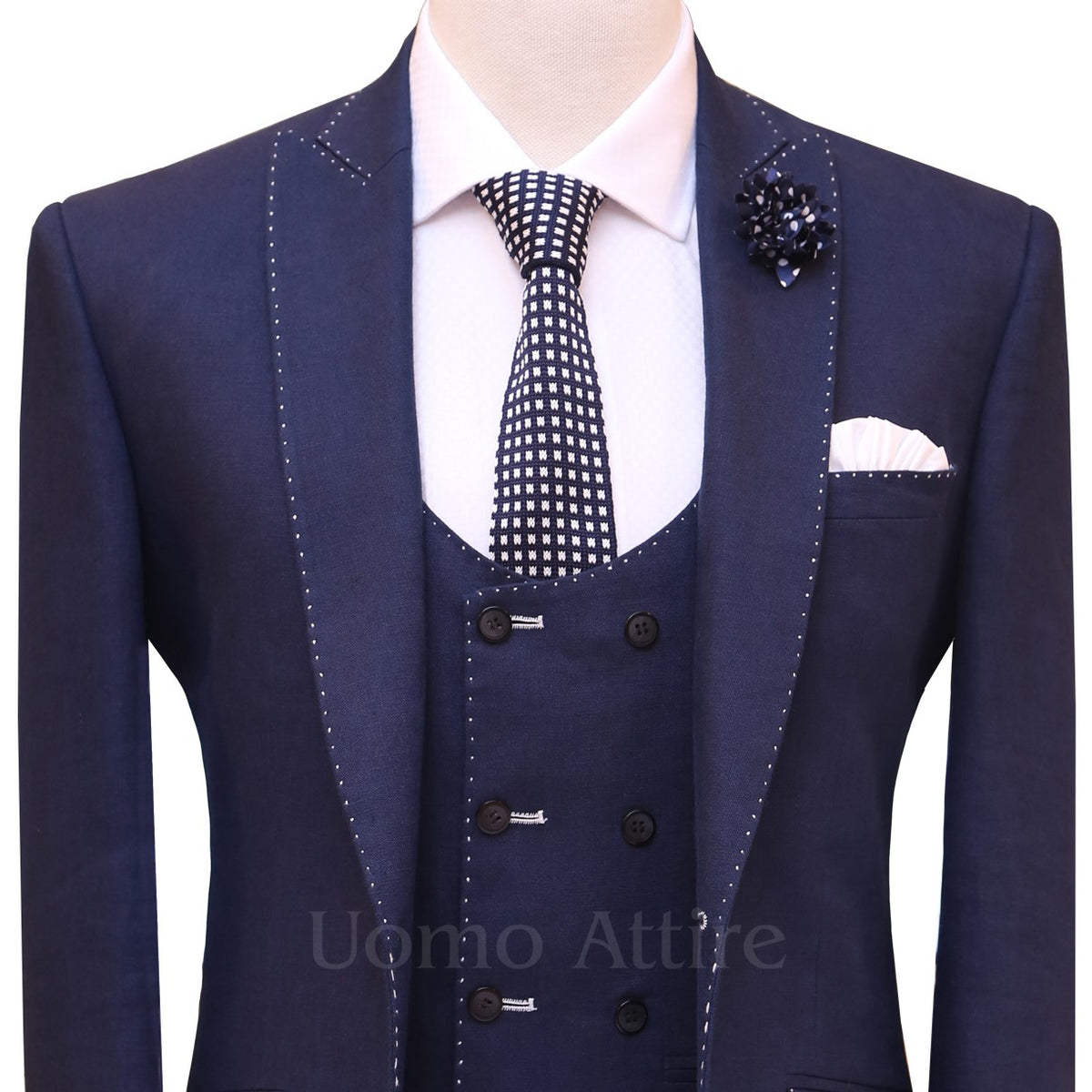 navy blue 3 piece suit with pick stitch, blue suits for men