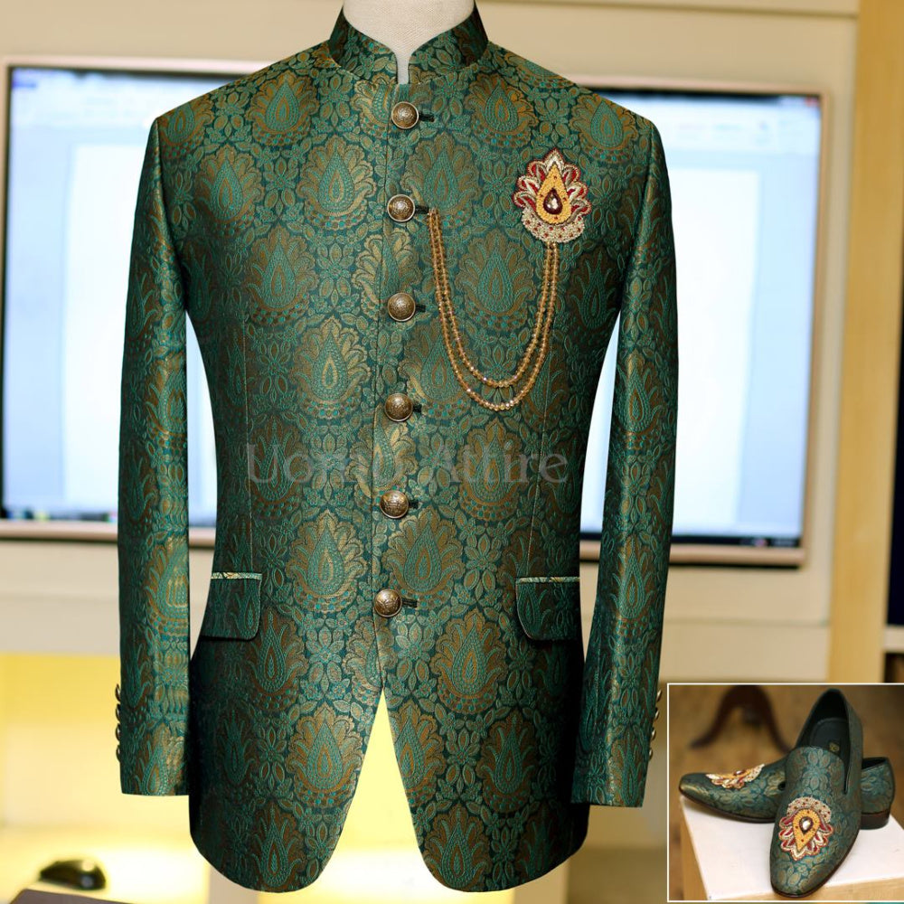 Deep Green Jamawar embellished prince coat | Prince Coat Designs