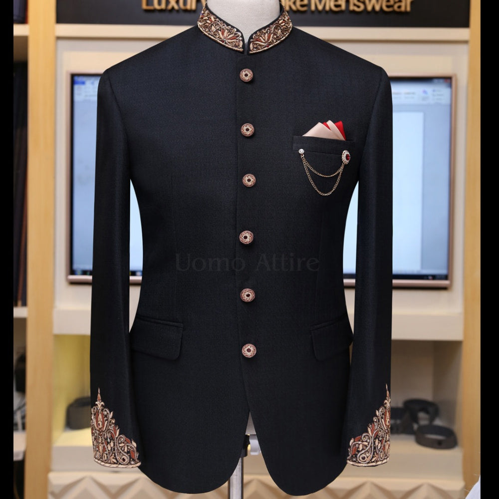 Luxury embellished black prince coat with embellishment | Black Prince Coat
