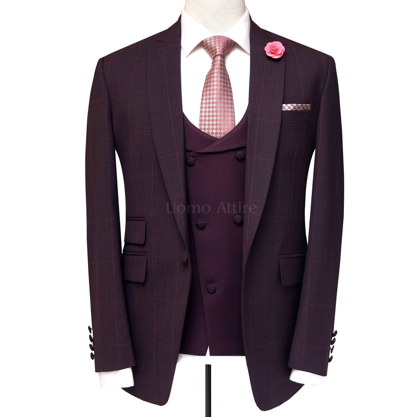 Windowpane Glen Check Burgundy Wedding Suits For Men | Burgundy Color Suit