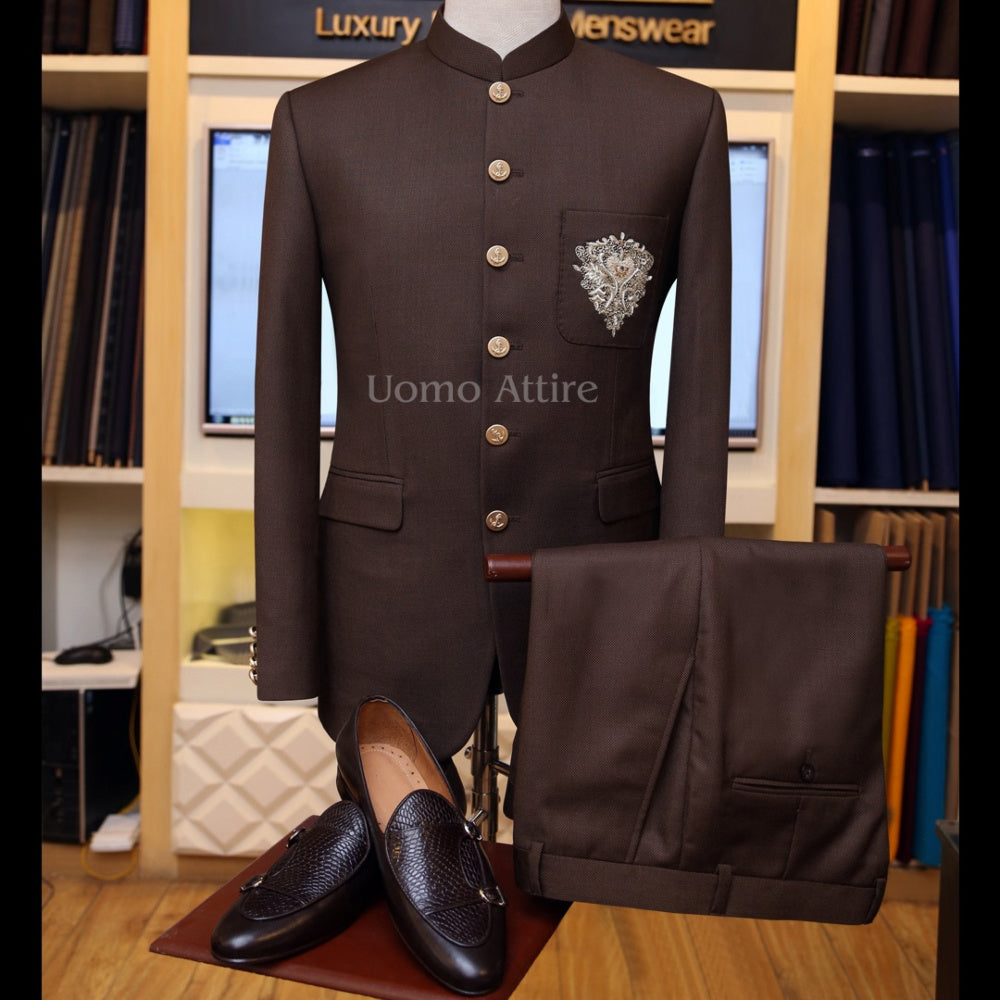 Bespoke chocolate brown prince coat with embellished patch pocket