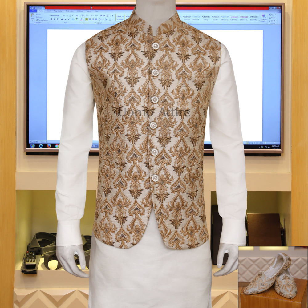 Off white based fabric customized waistcoat and khussa – Uomo Attire