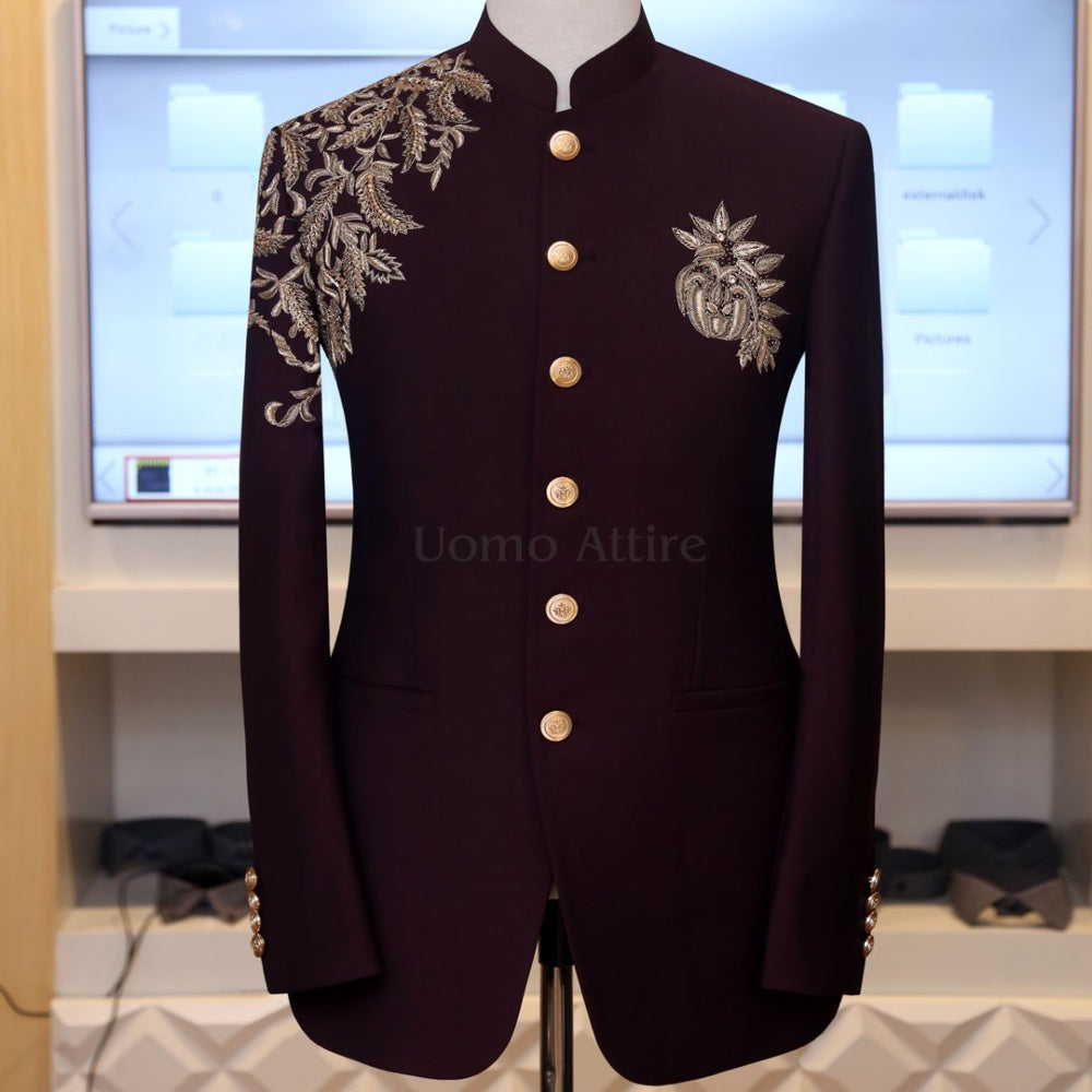 Dark maroon embellished prince coat – Uomo Attire1