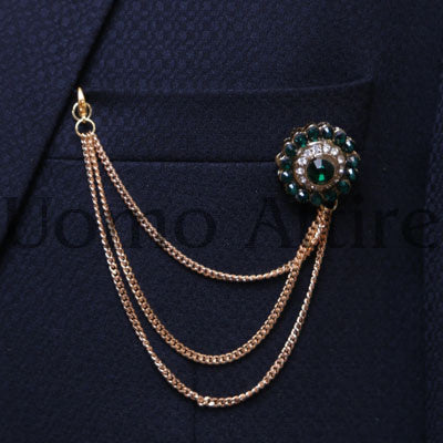 Deep green with crystal white small stones chain brooch
