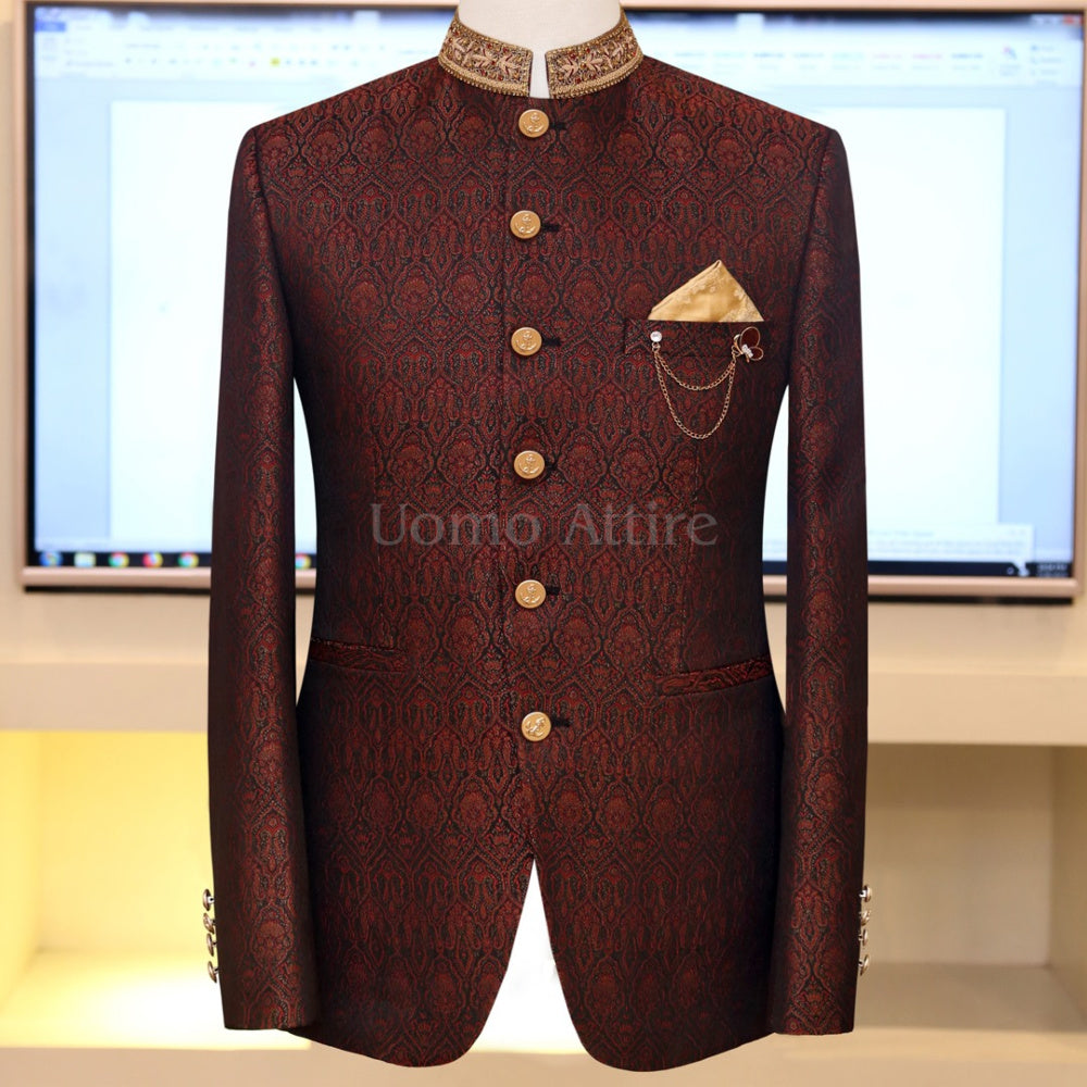 Jamawar embellished prince coat | Maroon Prince Coat with Embellishments