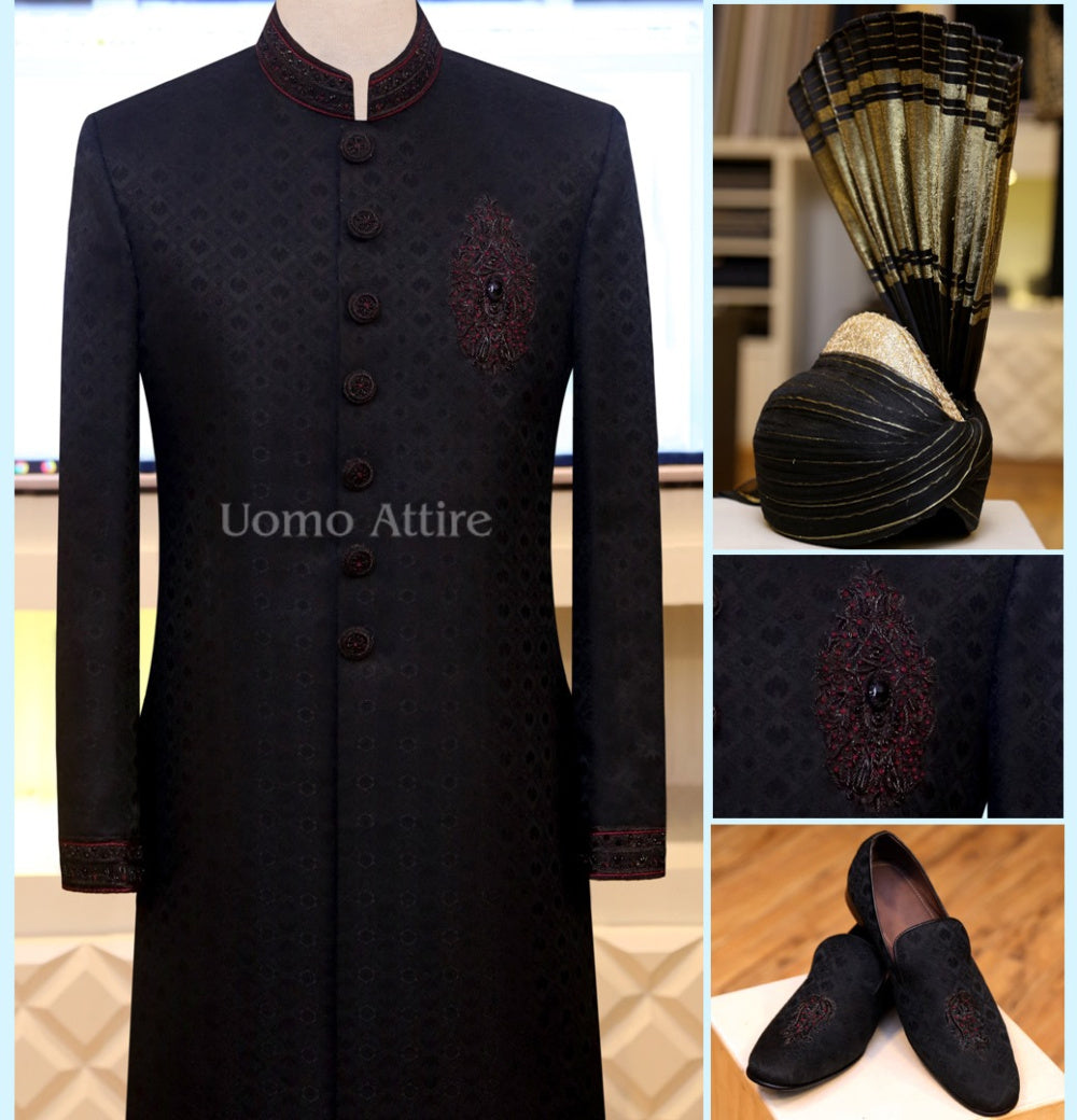 Embossed textured jamawar sherwani package classically embellished