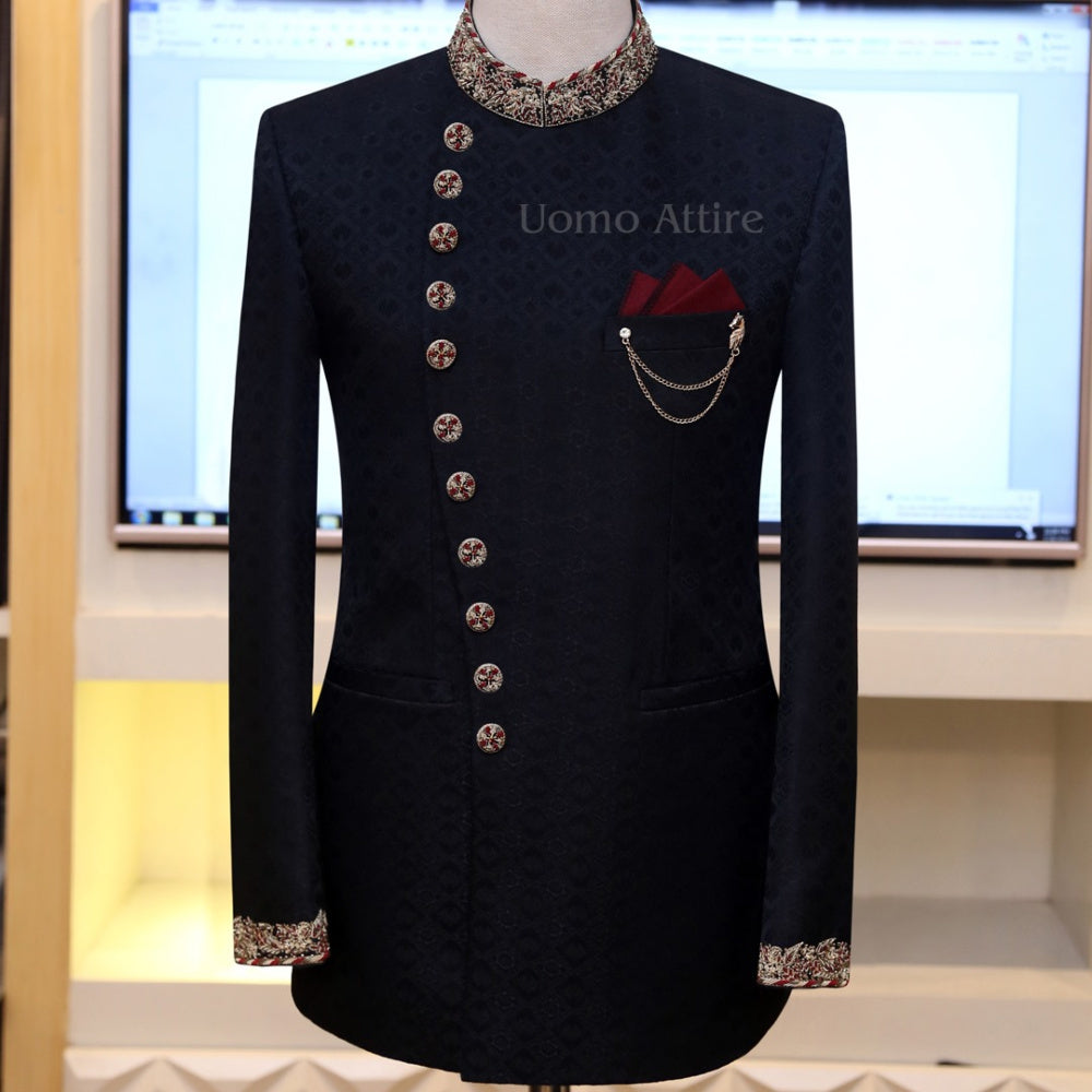 Black self textured jamawar prince coat | Black Prince Coat for Wedding