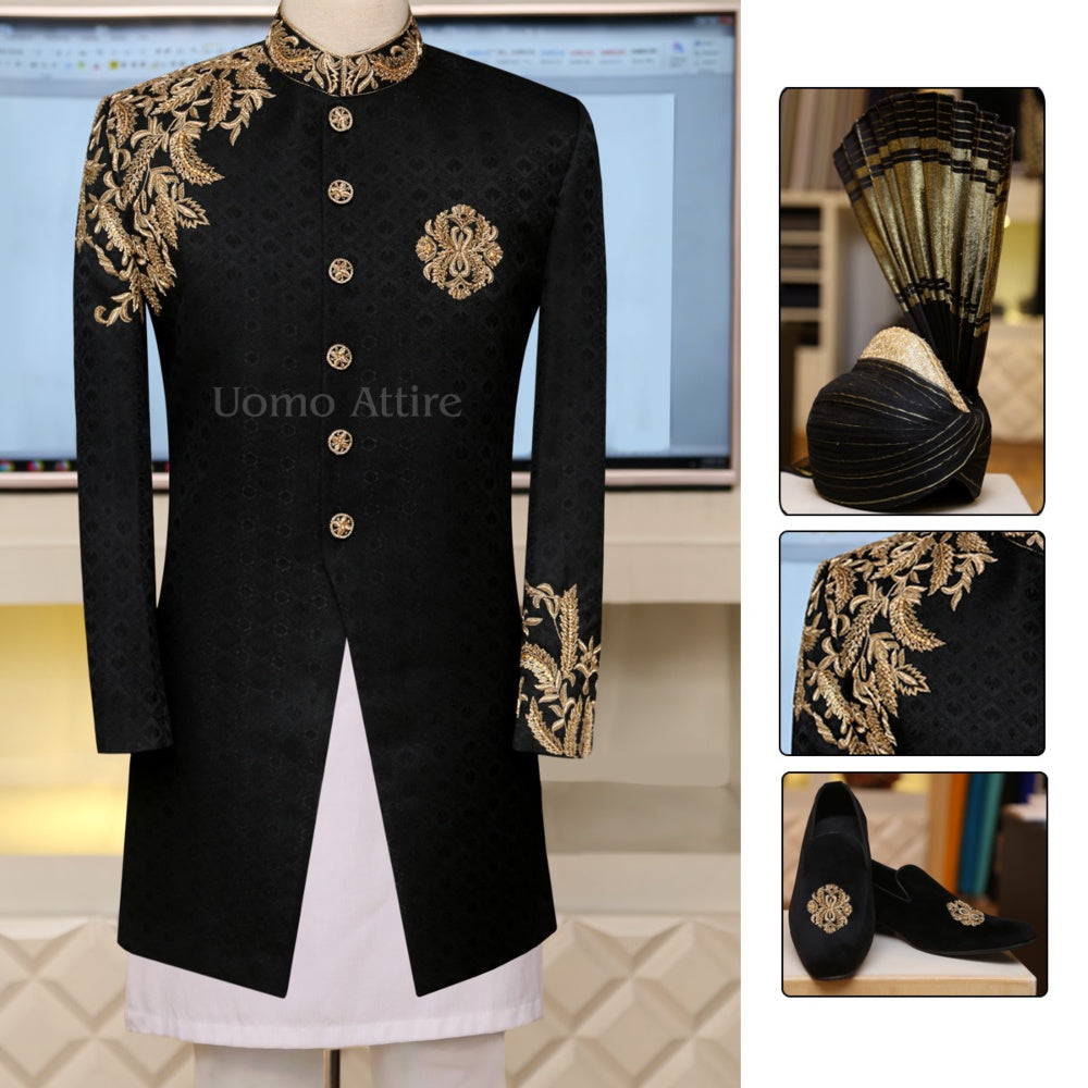 Short sherwani package with classically embellishment | Black Sherwani Online in USA