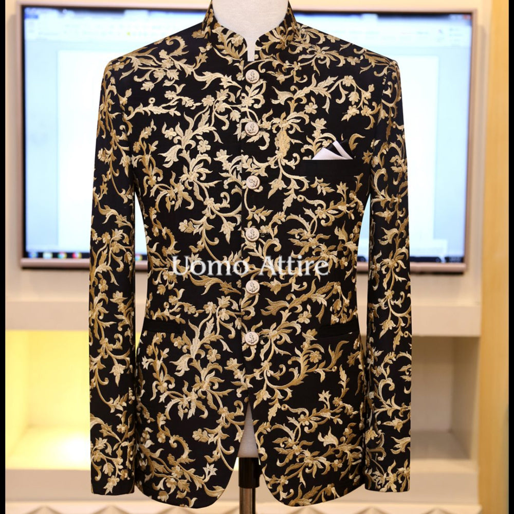 Black self embossed golden embroidery prince coat | Black Prince Coat