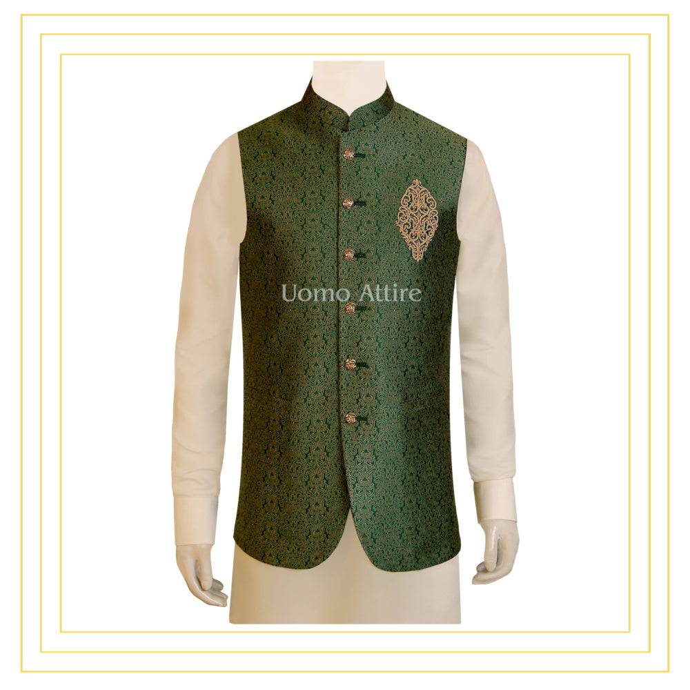 
                  
                    Textured green karandi embellished waistcoat | Waistcoat
                  
                