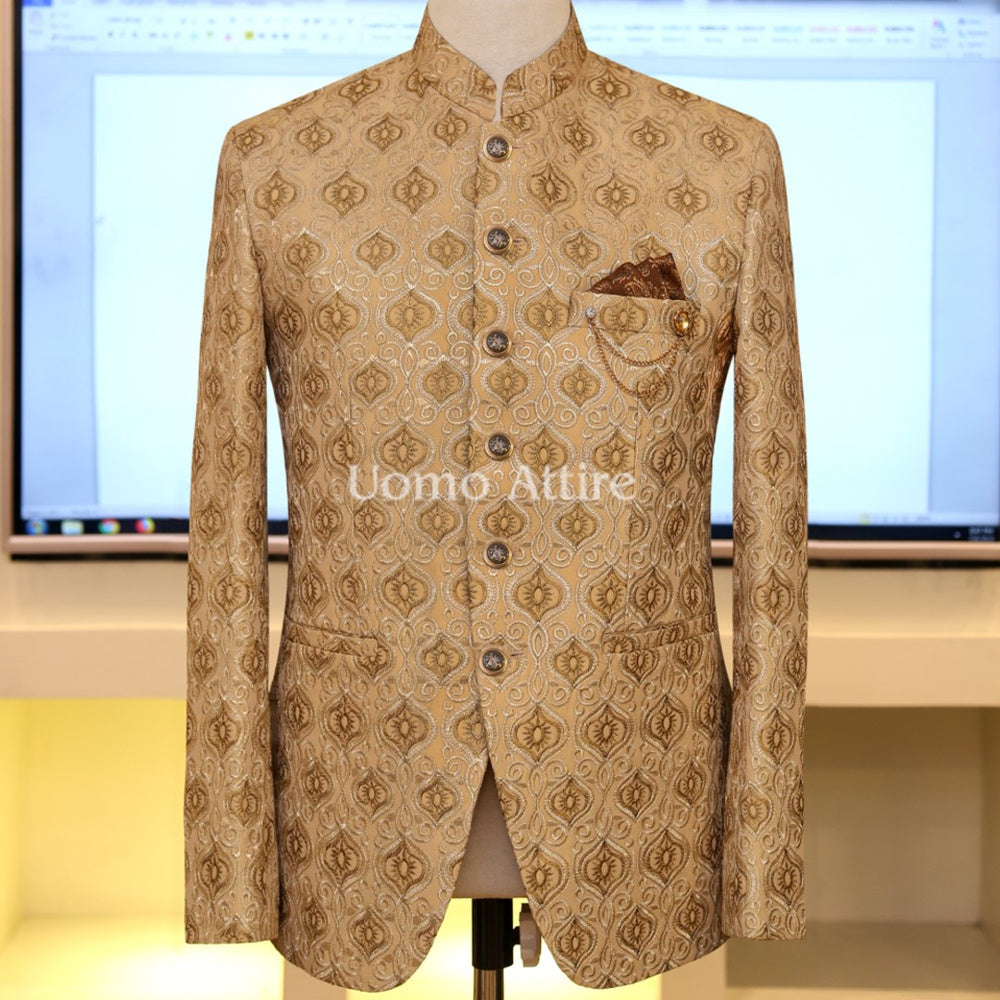Self Motif Embroidered Jamawar Prince Coat | Prince Coat for Groom